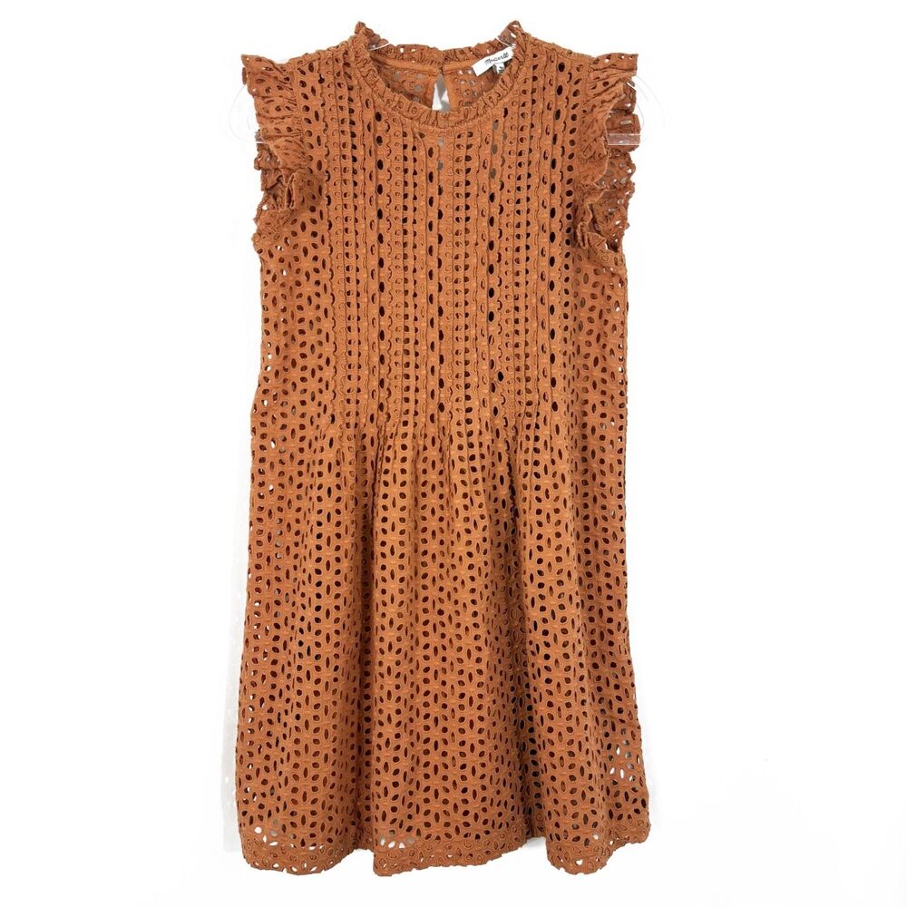 MADEWELL Eyelet Ruffle-Sleeve Pintuck Mini Dress XS Mulled Cider Orange NWT B75